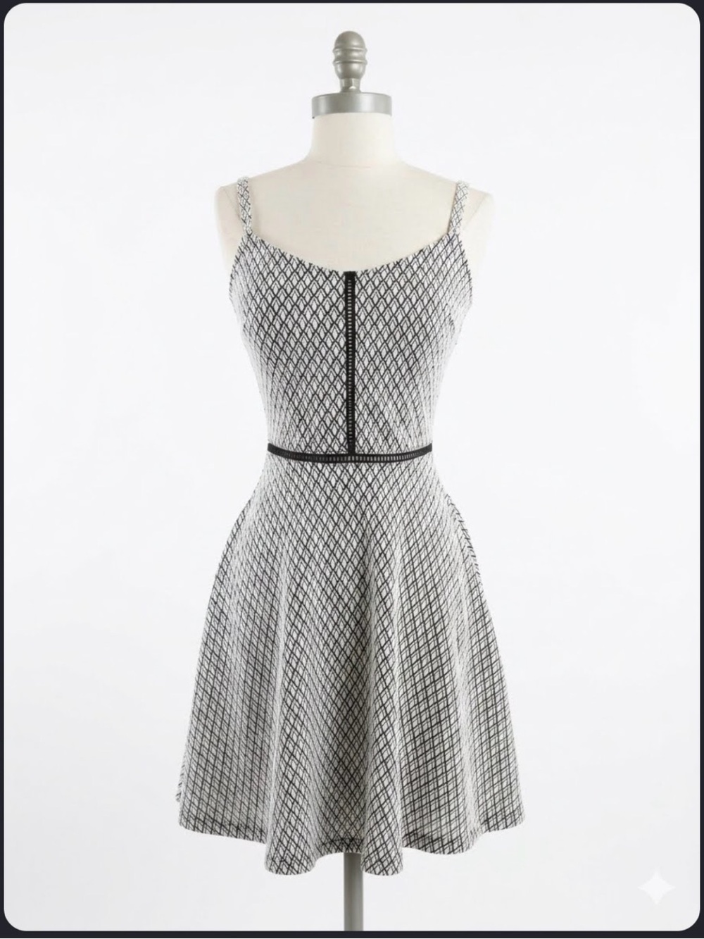 Aqua Black and White Diamond-Pattern Fit & Flare Mini Dress